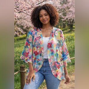Floral open front Kimono, size Large (but cut larger, see measurement photo.)